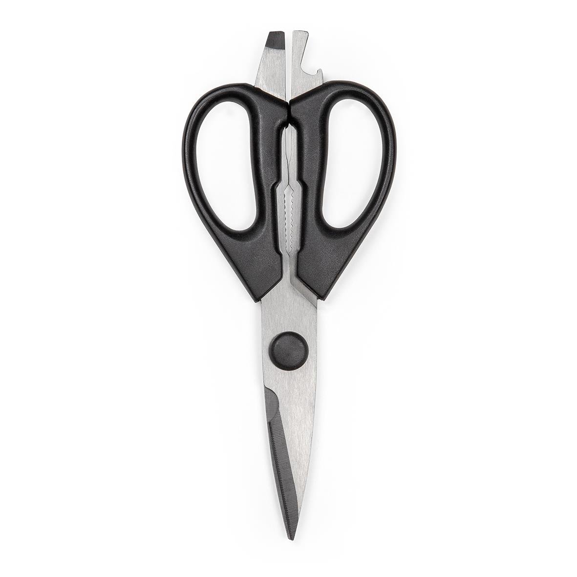 Skärsax med svarta handtag och metallblad, användbar i köket för att skära mat eller papper