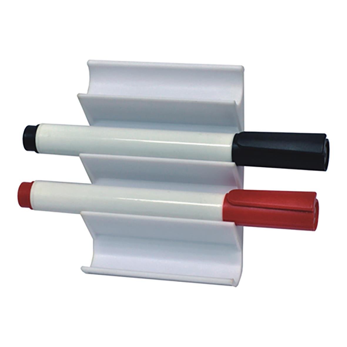 Magnetisk pennhållare för whiteboard med plats för två pennor, vit med svarta och röda pennor