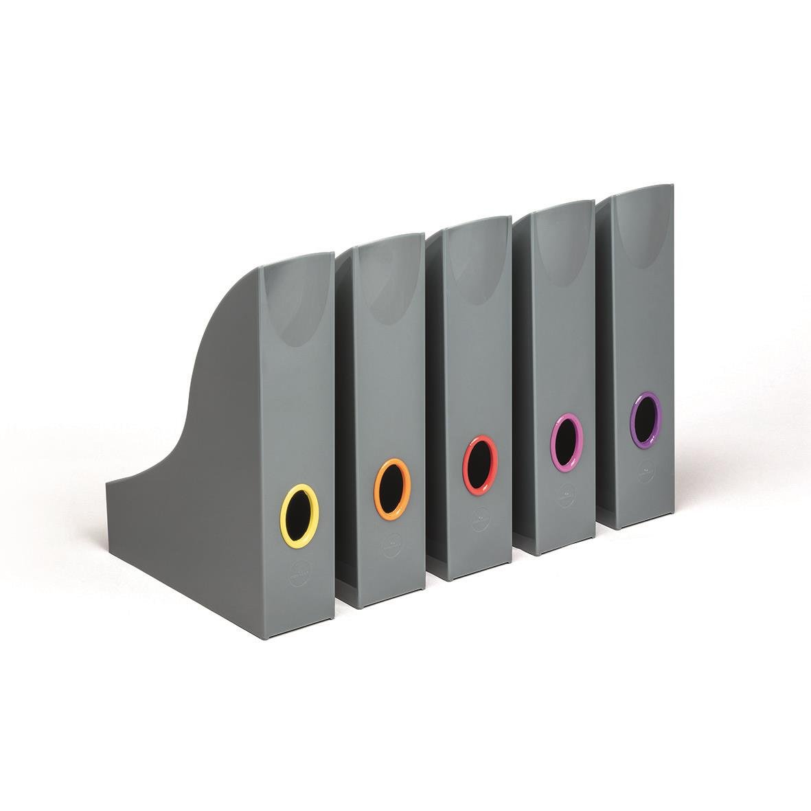 Tidskriftsamlare i plast med fem fack i olika färger, sorterade för A4-format