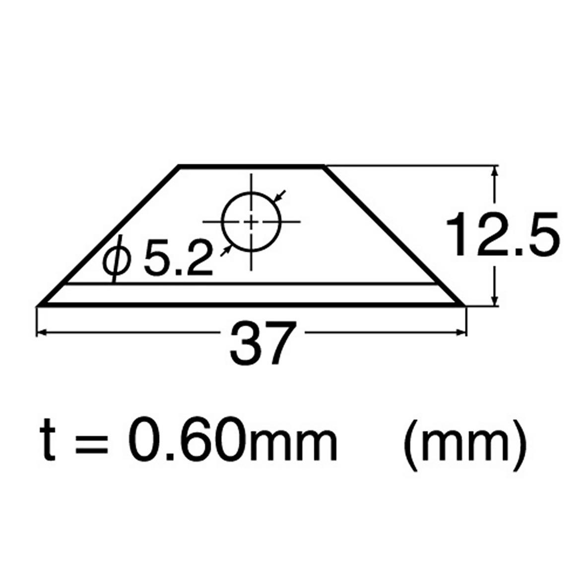 Teknisk ritning av en metallplatta med mått 37 mm bred, 12,5 mm hög, 5,2 mm diameter hål och tjocklek 0,60 mm.