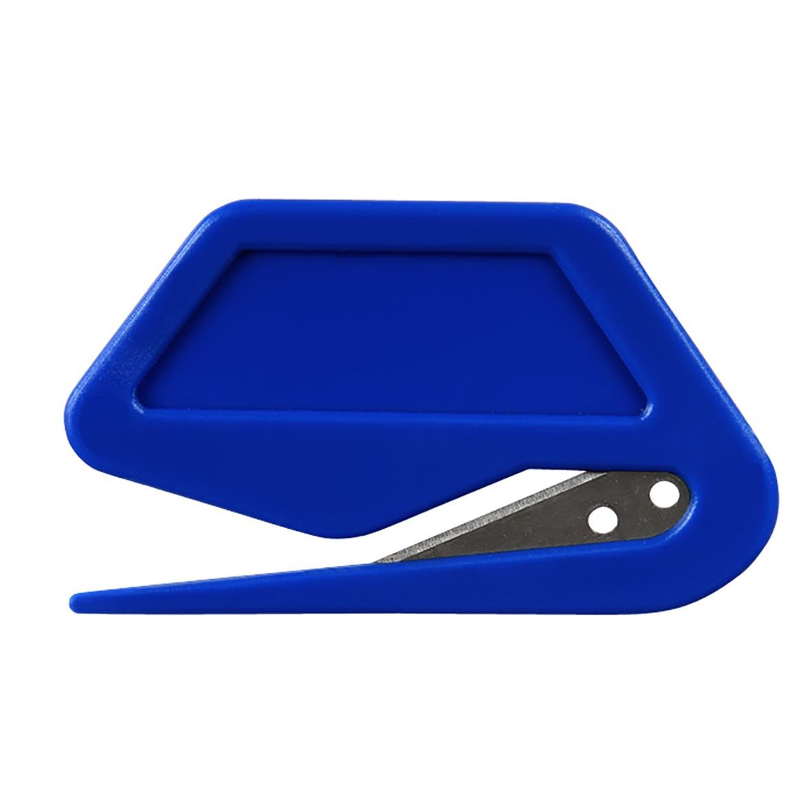 Blå plastbrevkniv med skärare och skyddshölje