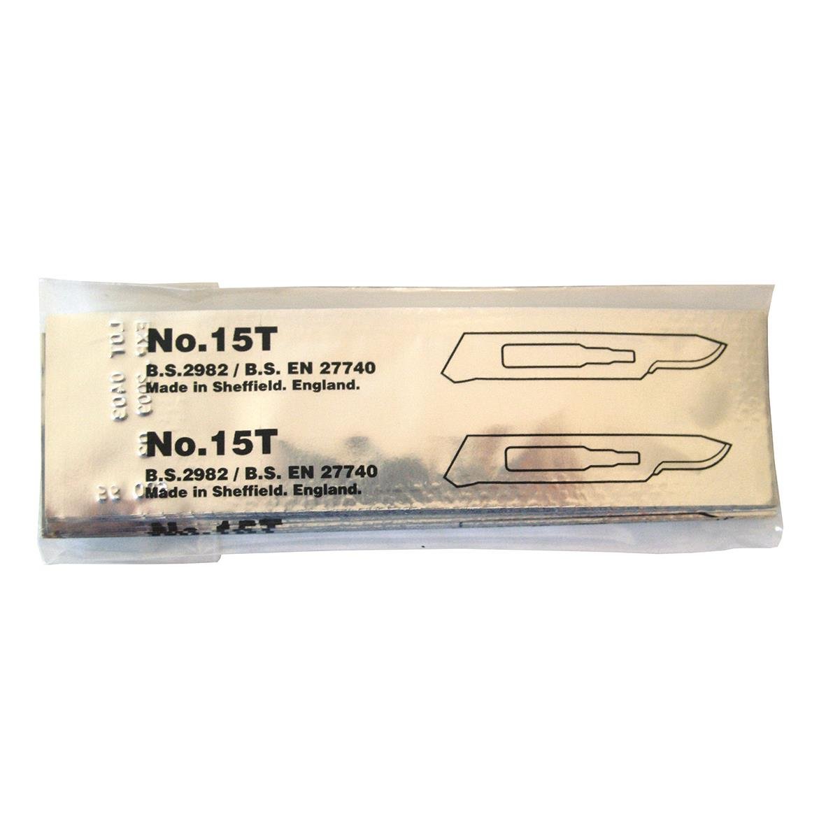 Knivblad Paragon Nr 15 förpackning med två blad, modell No. 15T, tillverkad i Sheffield, England