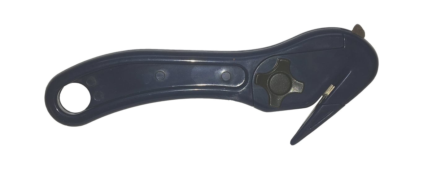 Blå kartongöppnare med skarp kant för att öppna konservburkar