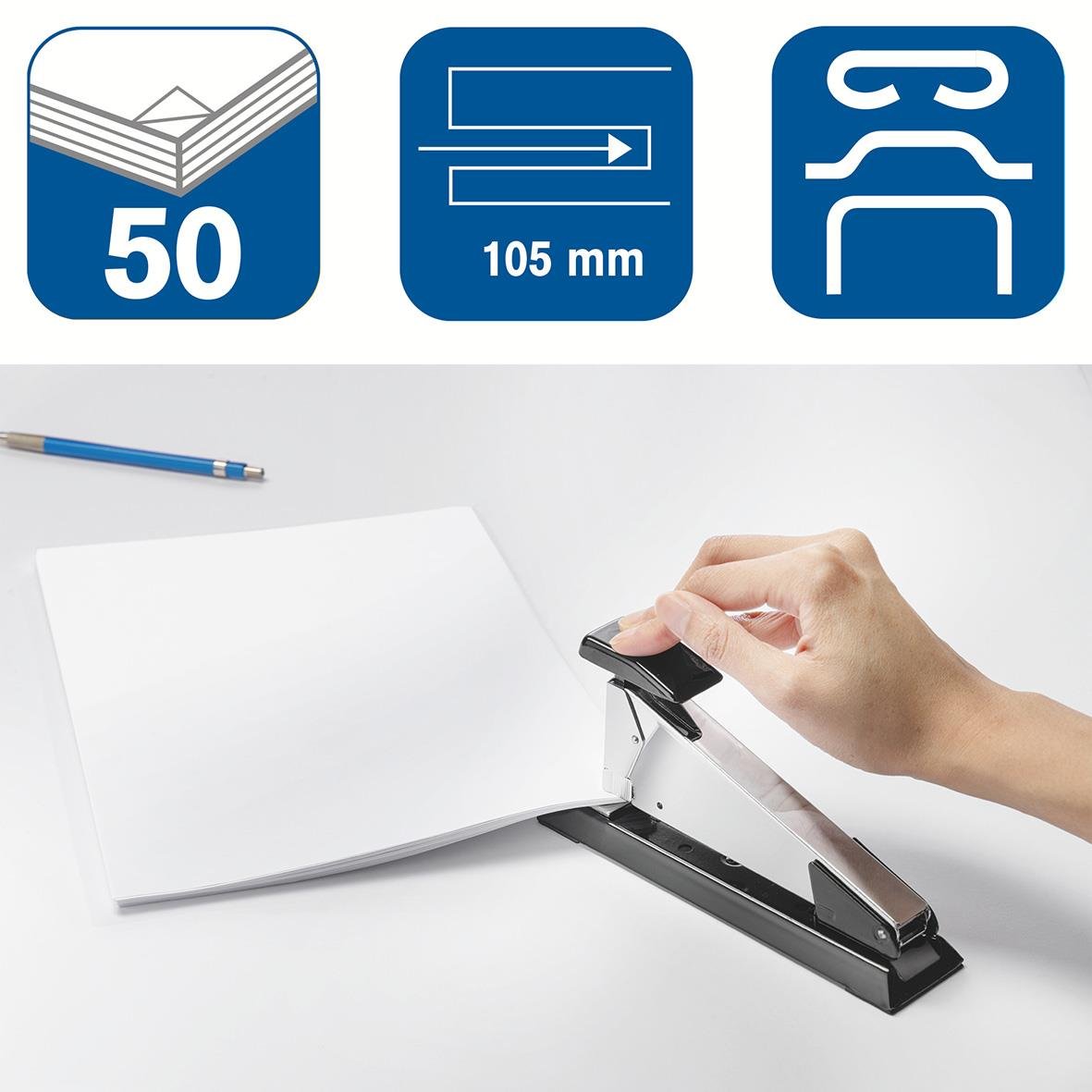 Svart häftapparat för 50 ark, 105 mm, används för att häfta papper