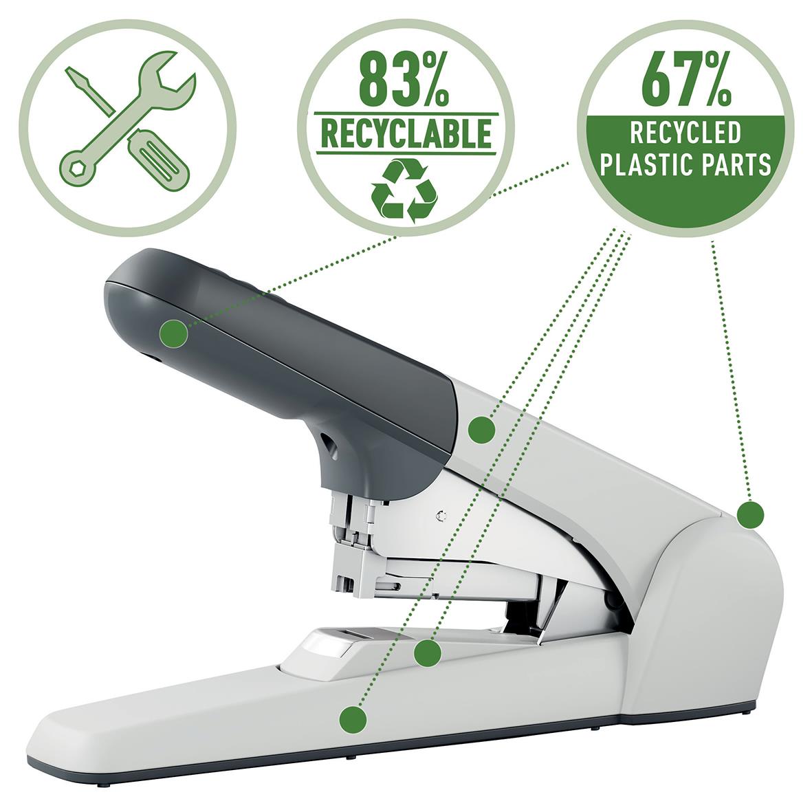 Häftapparat Leitz 5552 Flat Clinch Helstapel 60 ark grå med ikoner för återvinning och plastdelar