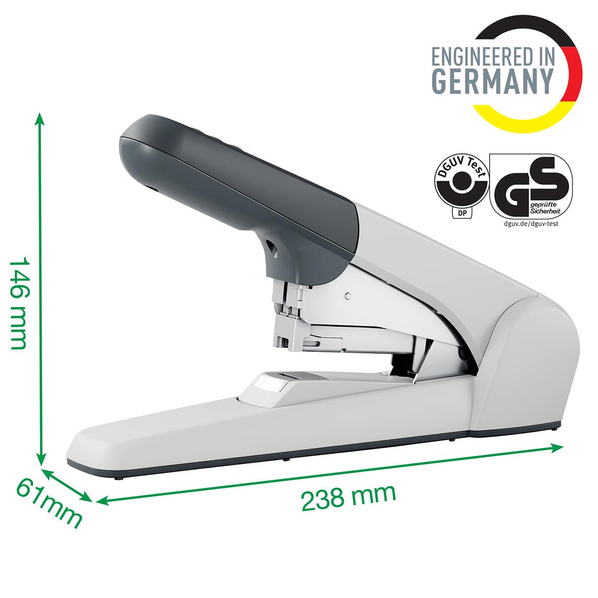Grå häftapparat Leitz 5552 Flat Clinch för 60 ark, mått 238x146x61 mm, tillverkad i Tyskland