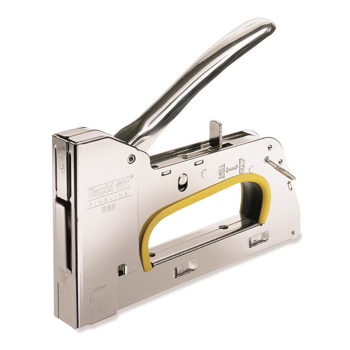 Häftpistol Rapid R33 i metall med gult handtag och metallspak