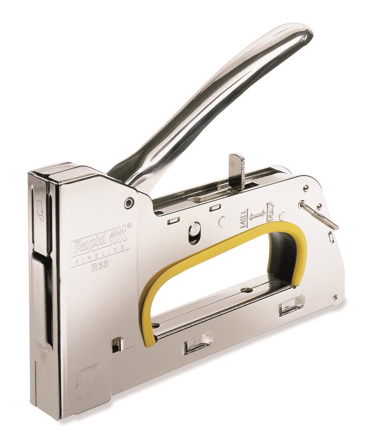 Häftpistol Rapid R33 i metall med gult handtag och metallspak