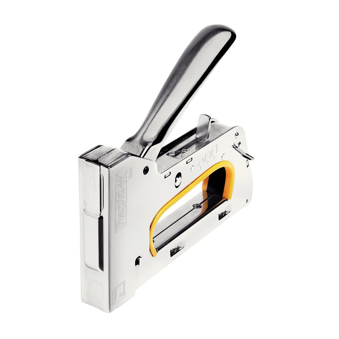 Häftpistol Rapid R33 i vitt och gult med handtag och metalldelar