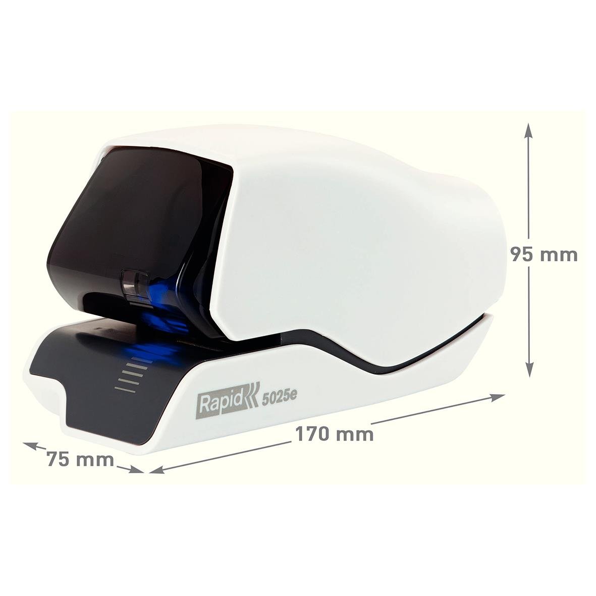 Elhäftare Rapid 5025E Flat Clinch för 25 ark, vit, mått 170x75x95 mm