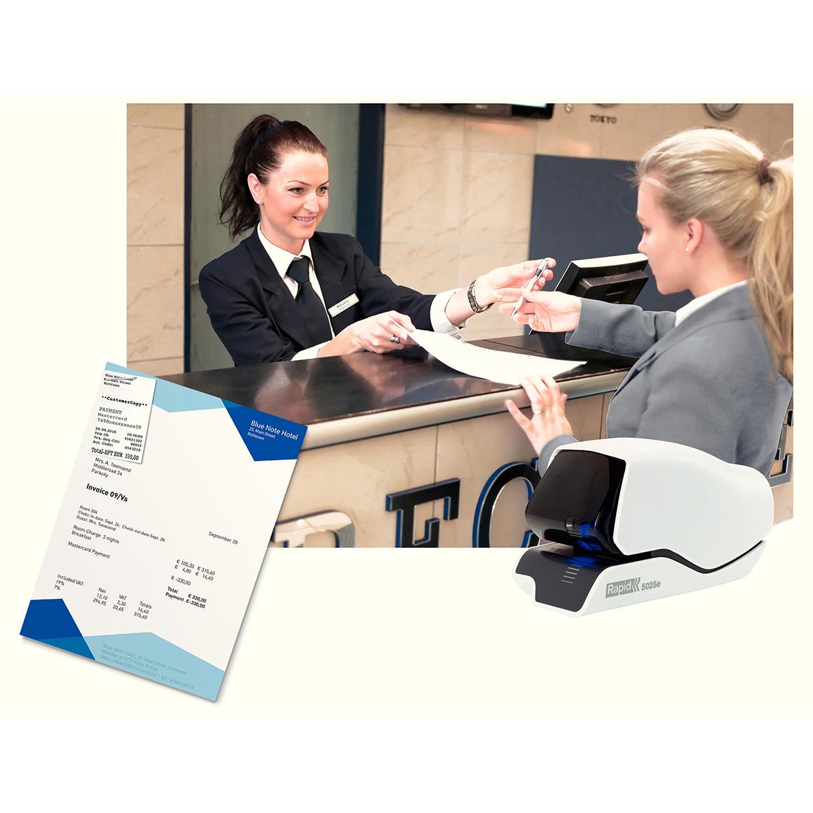 Kvinna som använder en elhäftare för att fästa papper vid receptionen