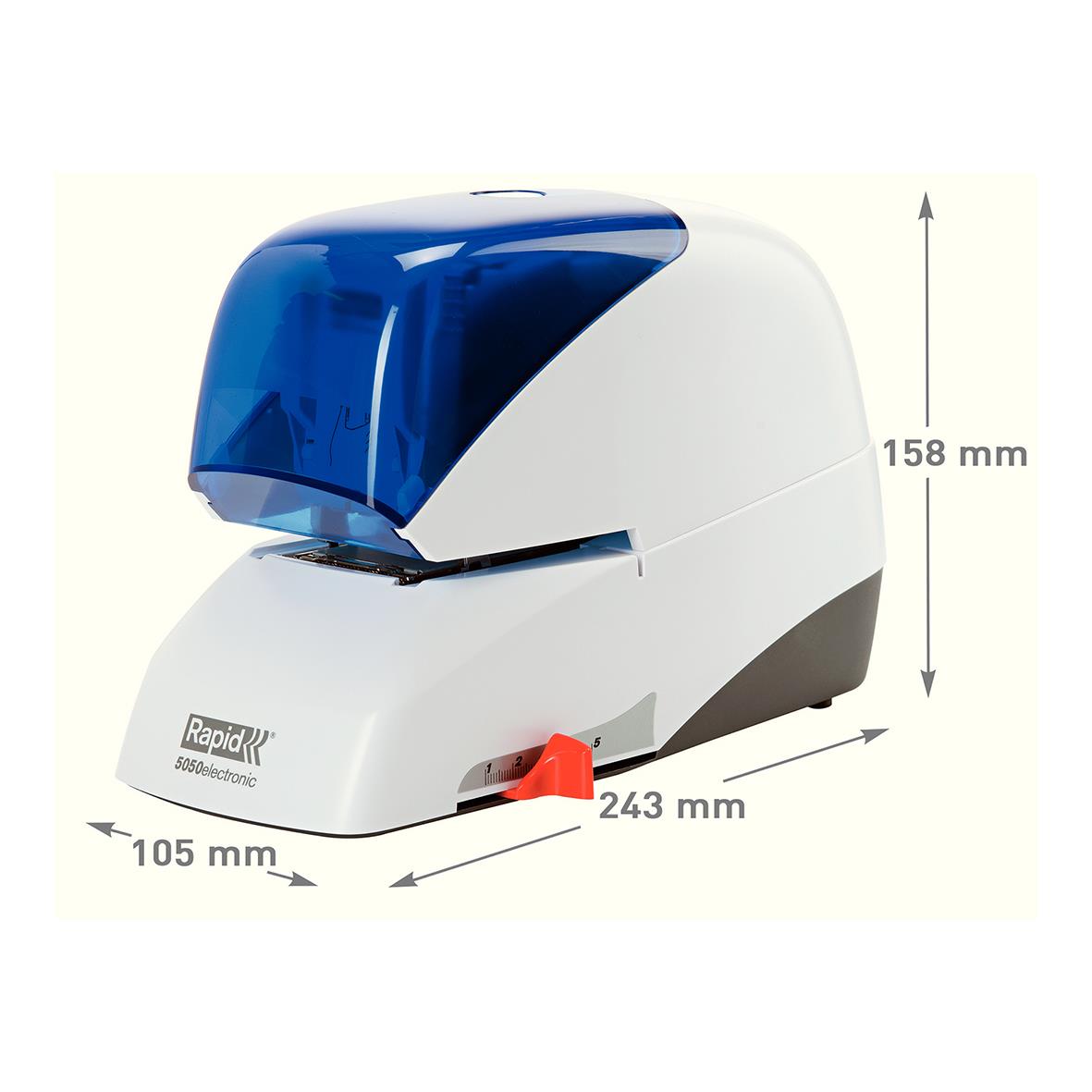 Blå och vit elhäftare Rapid 5050E Flat Clinch för 50 ark, mått 243x105x158 mm