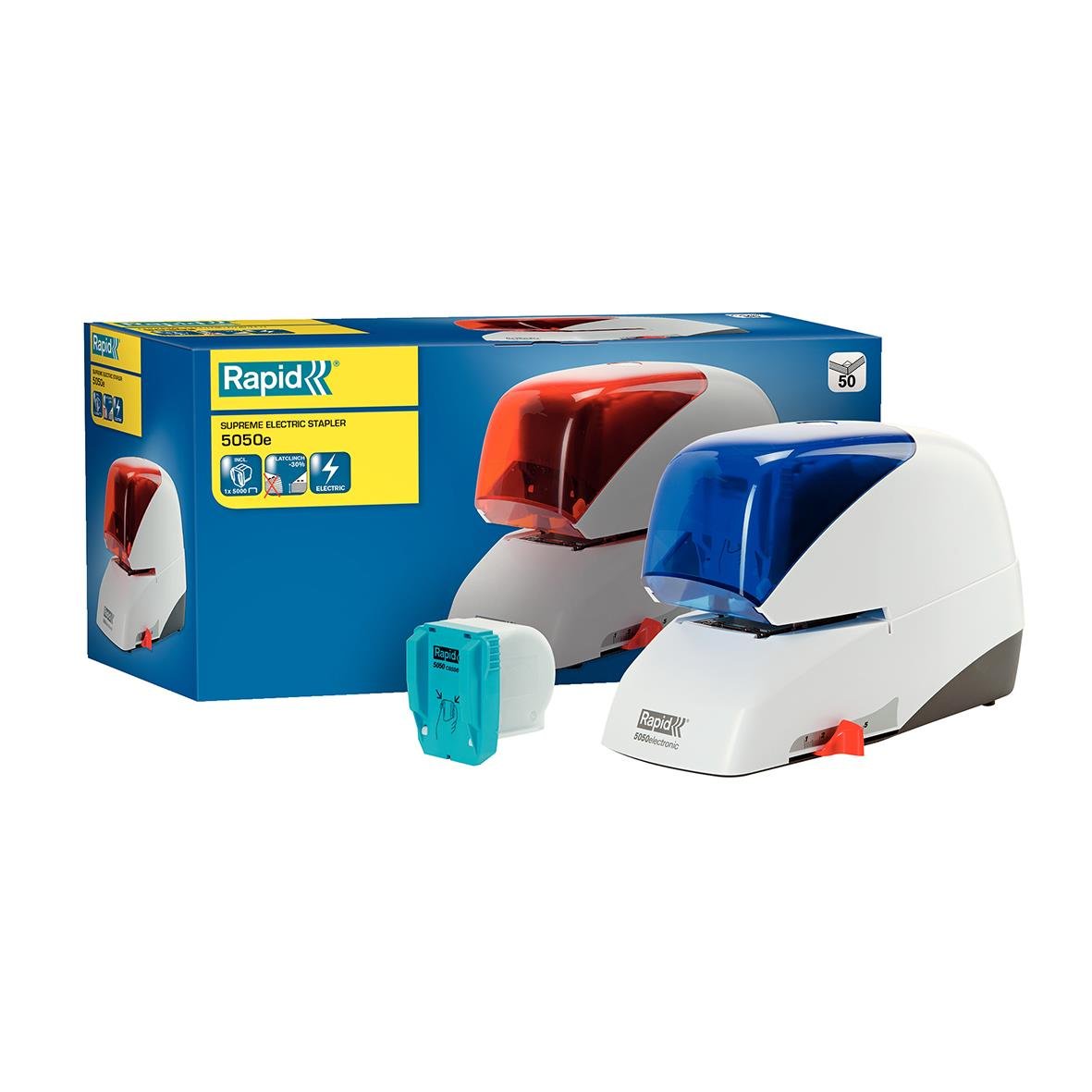 Elhäftare Rapid 5050E Flat Clinch blå och vit med tillbehör