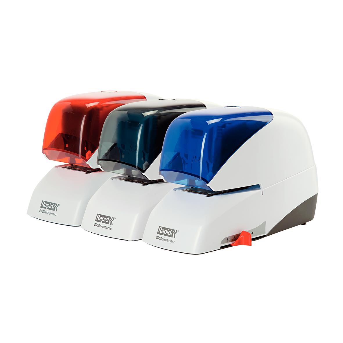 Elhäftare Rapid 5050E Flat Clinch 50 Ark Blå, röd och svart, i vit bas