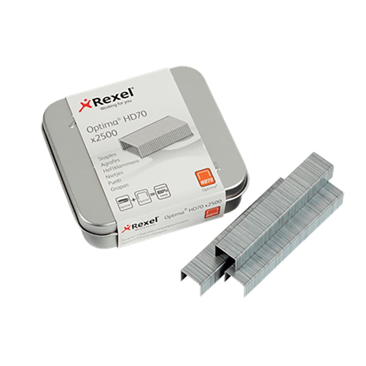 Häftklammer Rexel Hd70 i metallask med klämmor framför