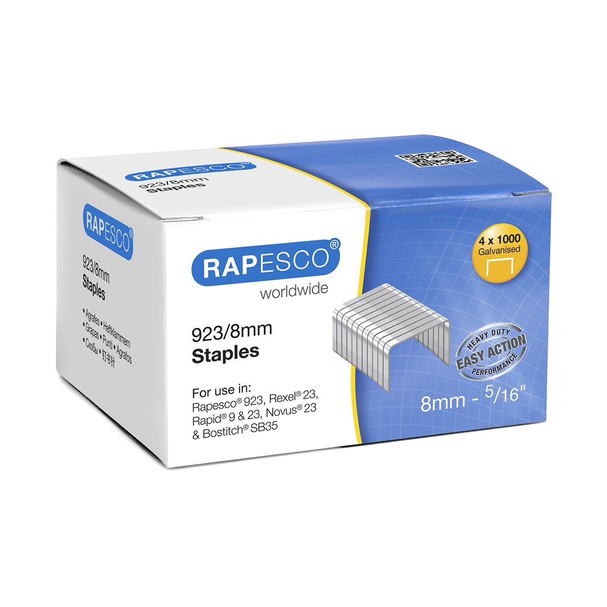 Förpackning med Rapesco häftklamrar 9/8 (923/8), 1000 stycken, galvaniserade, 8 mm längd