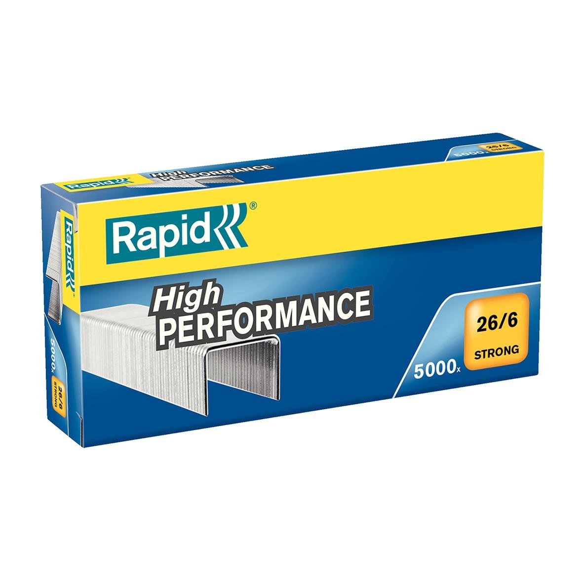 Häftklammer Rapid 26/6 Strong i blå och gul förpackning