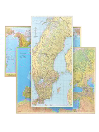 Stor världskarta i skala 1:30 miljoner, mått 137x85cm, visar kontinenter och länder