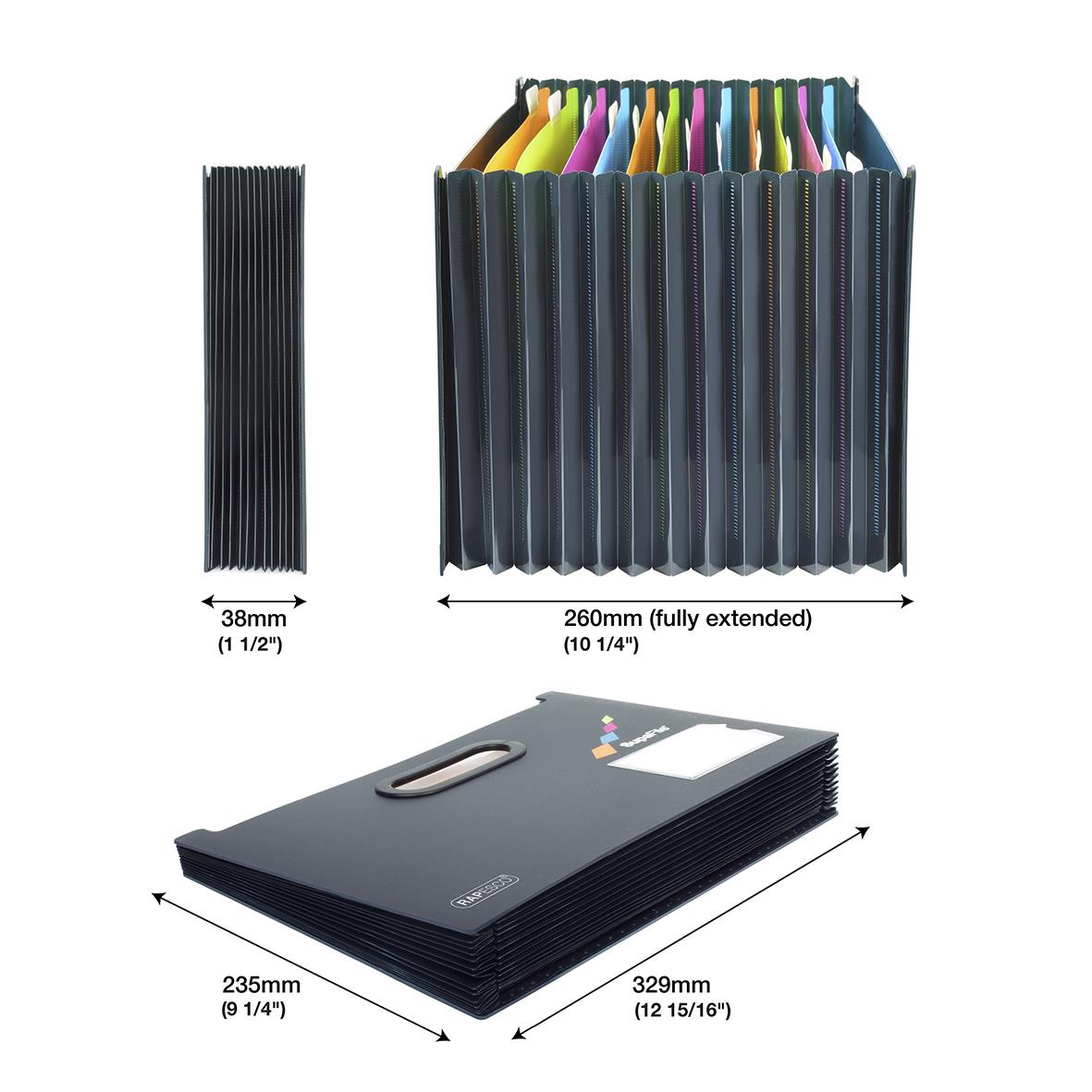 Sorteringsfack med svarta expanderande plastfack och en svart pappersfack för dokument