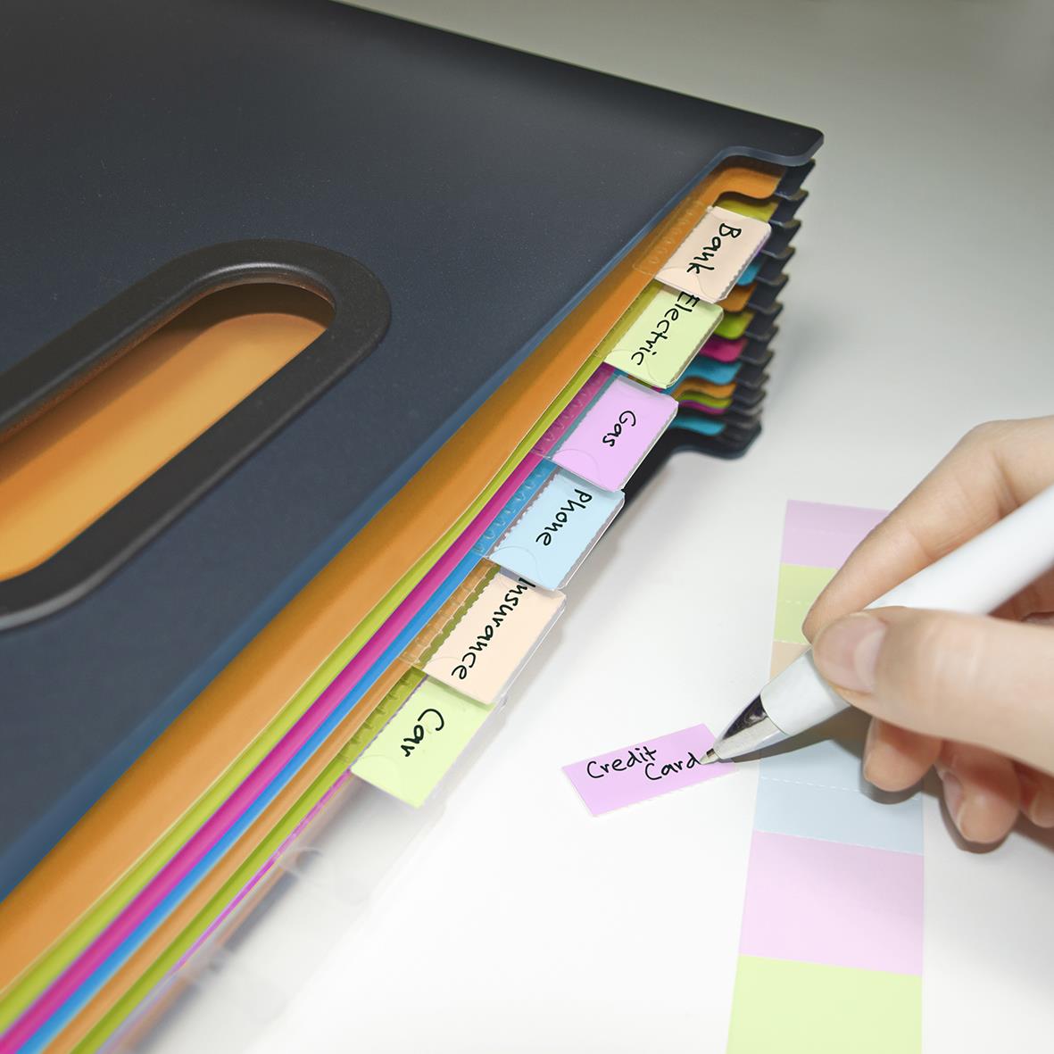 Sorterare Rapesco med expanderande svarta flikar och färgade etiketter för organisering