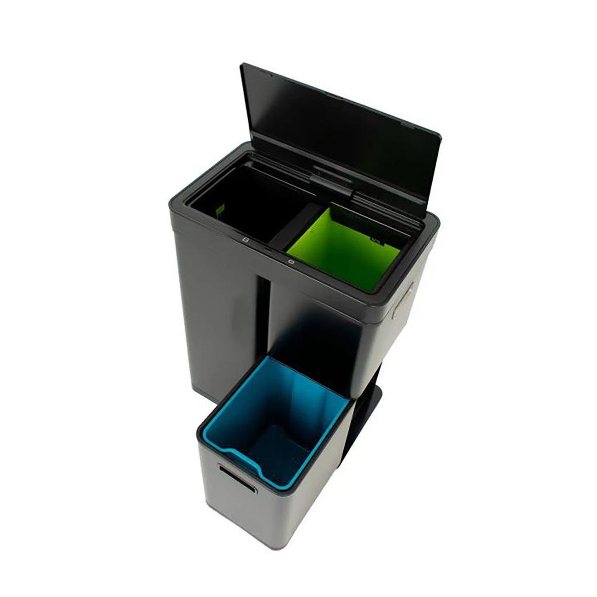 Svart återvinningskärl EKO Recycle Mirage Plus med sensor, 30+15+15L, öppnas med sensor, tre fack för återvinning