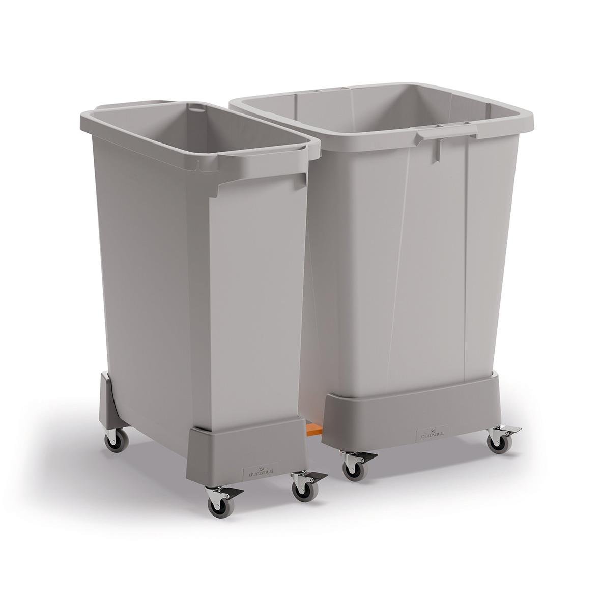 Två stora gråa vagnar på hjul för Durabin 60, robusta och praktiska för transport och förvaring