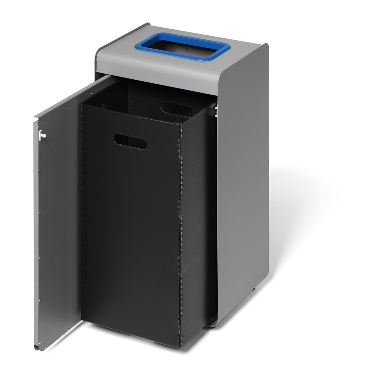 Återvinningskärl Durable Durasort för papper, grå/blå, 55L, med öppningsbar dörr och insamlingsbehållare