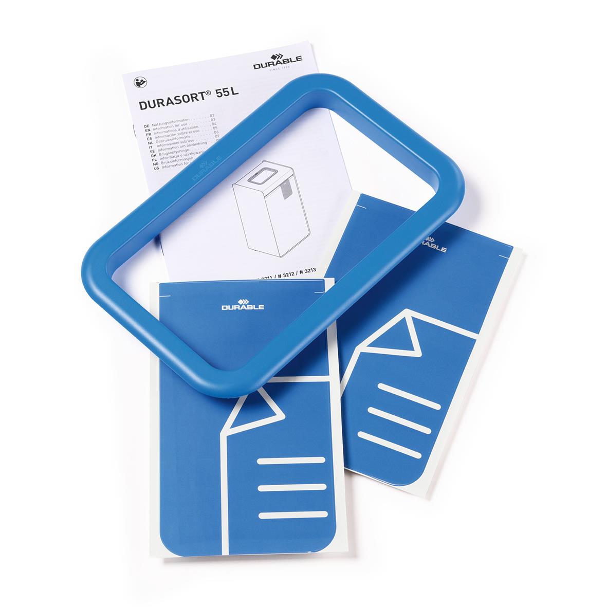 Återvinningskärl Durasort 55L i grå/blå med etiketter och ram