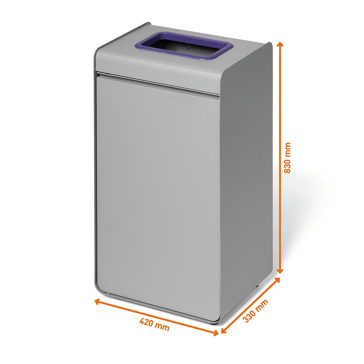 Återvinningskärl i grå/lila plast för plastförpackningar, 55L, mått 830x420x330 mm