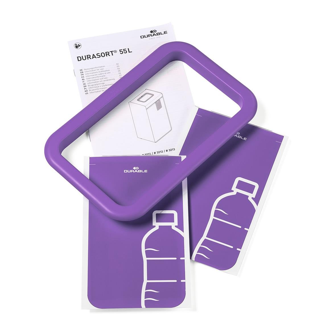 Återvinningskärl Durasort 55L i grå/lila med ram och instruktioner