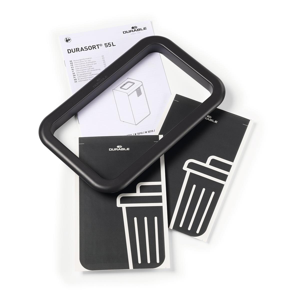 Grå återvinningskärl Durasort 55L med svart ram och instruktioner