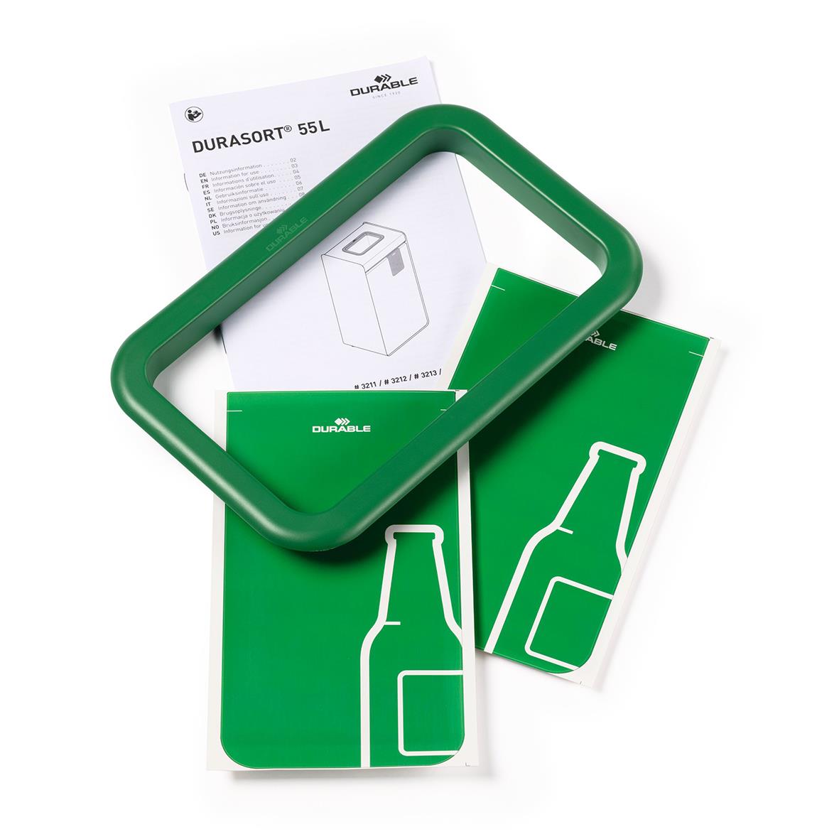 Grönt återvinningskärl Durasort 55L med ram och instruktioner