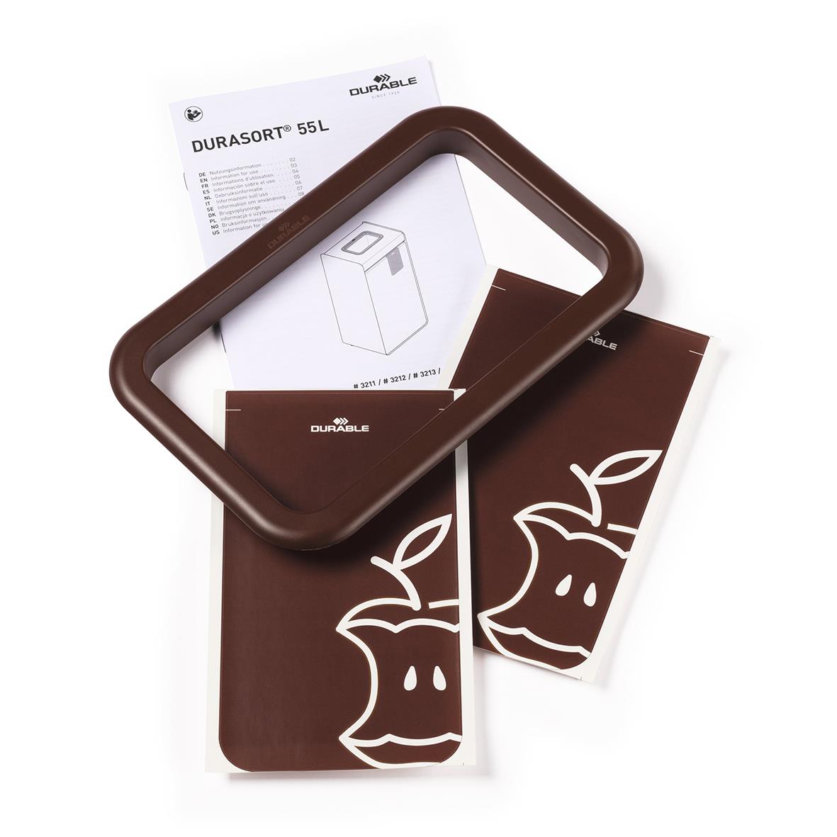 Återvinningskärl Durasort 55L i grå/brun med lock och instruktioner