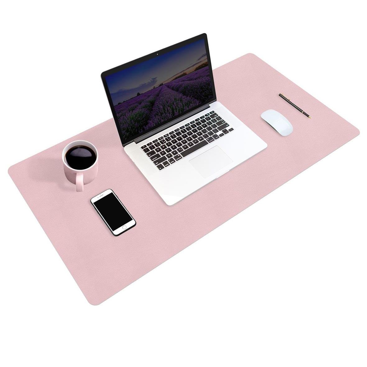 Skrivunderlägg Kozo Dubbelsidig Rosa/Ljusblå 90x43cm med laptop, mus, telefon och kaffekopp