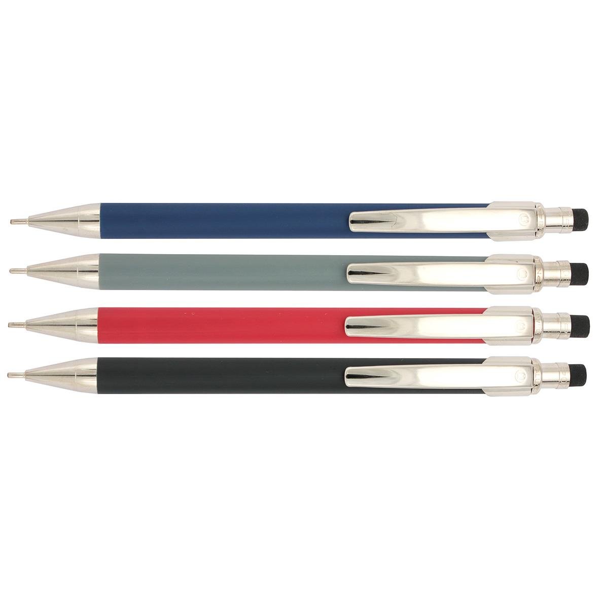 Fyra ballograf stiftpennor i olika färger: blå, grå, röd och svart