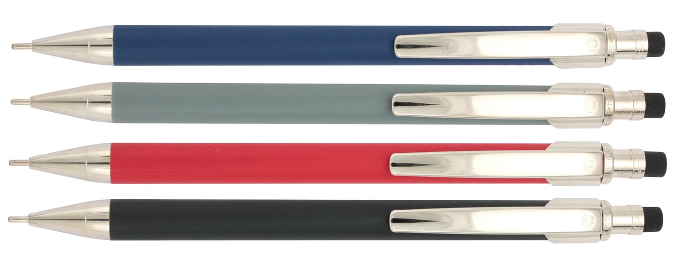 Fyra ballograf stiftpennor i olika färger: blå, grå, röd och svart
