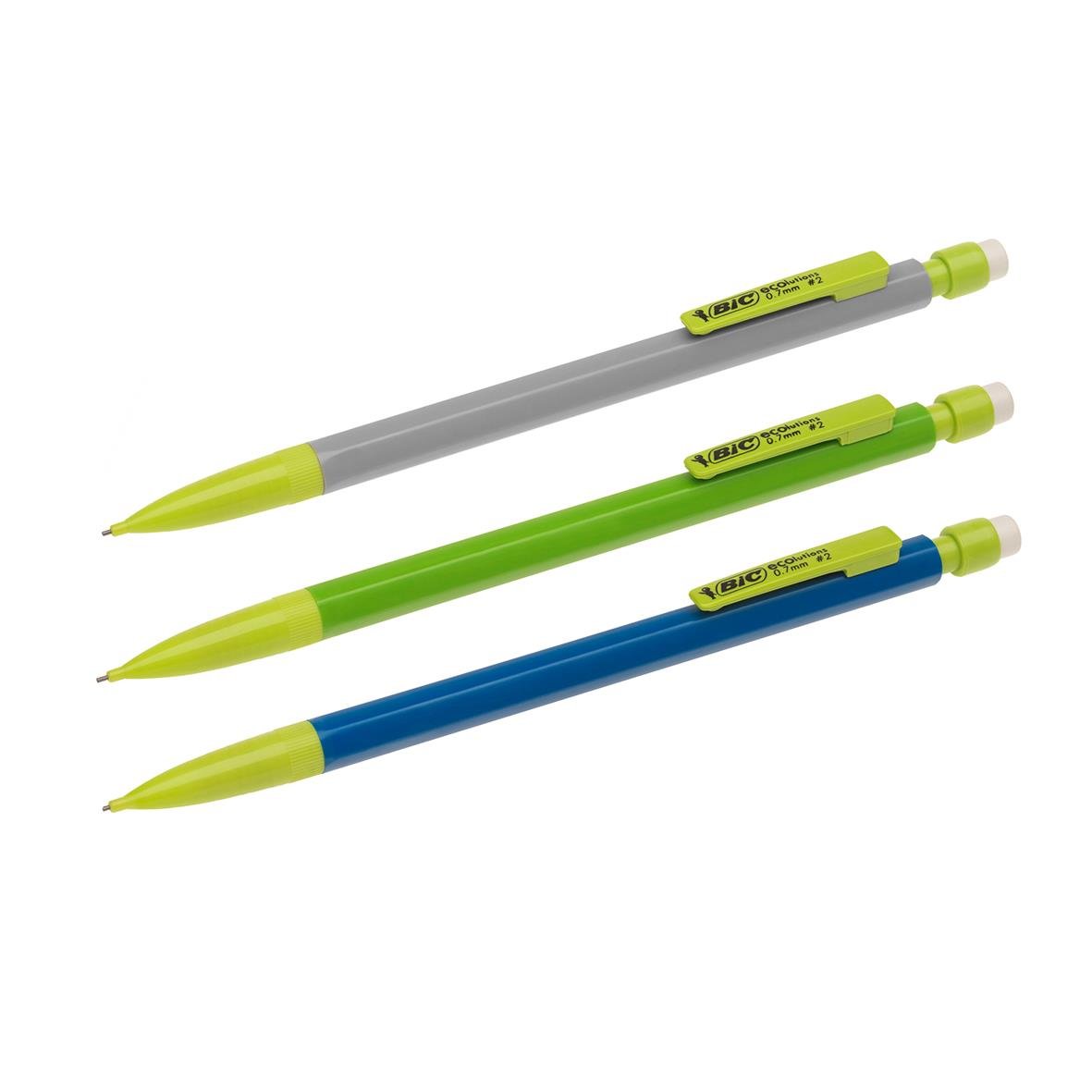 Tre Bic ECOlutions Matic 0,7 stiftpennor i grå, grön och blå färg