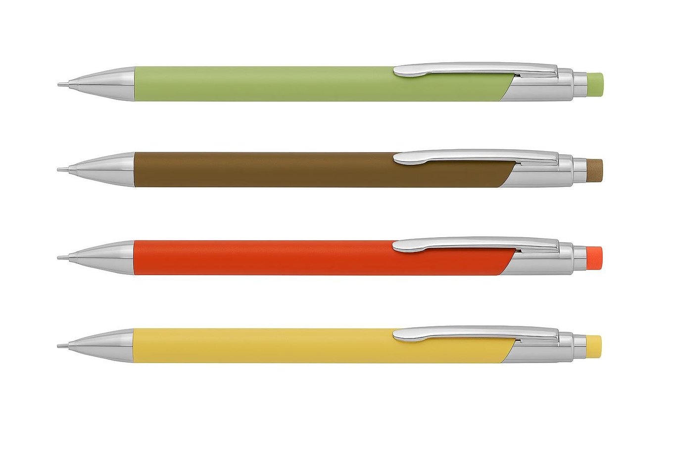 Fyra bollpennor i olika färger: gul, brun, orange och grön med silverklämmor
