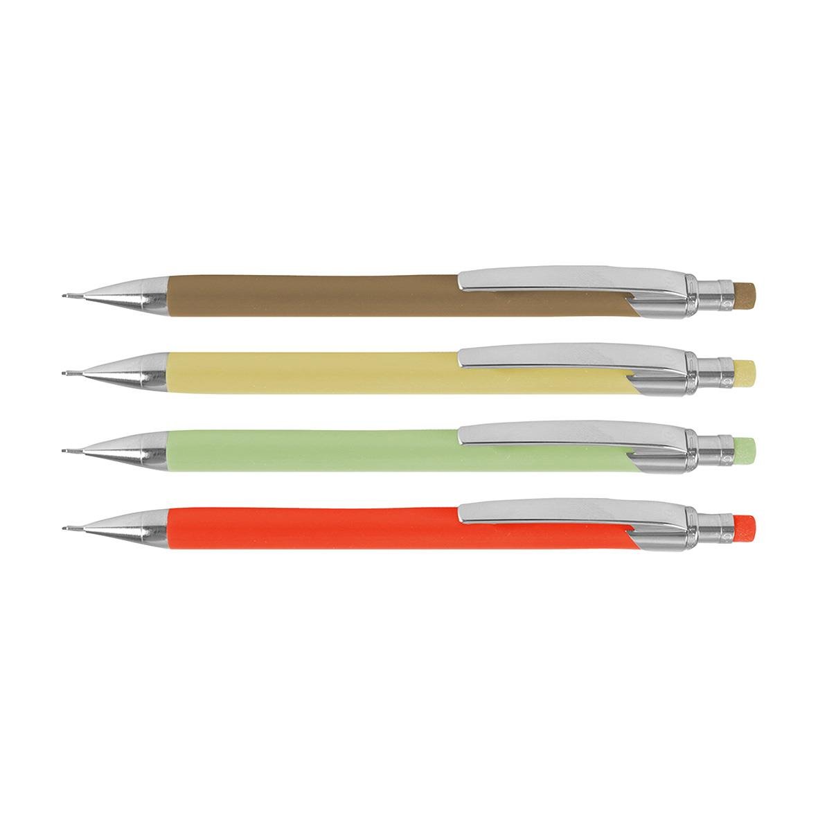 Fyra bollpennor i olika färger: gul, brun, orange och grön med silverklämmor