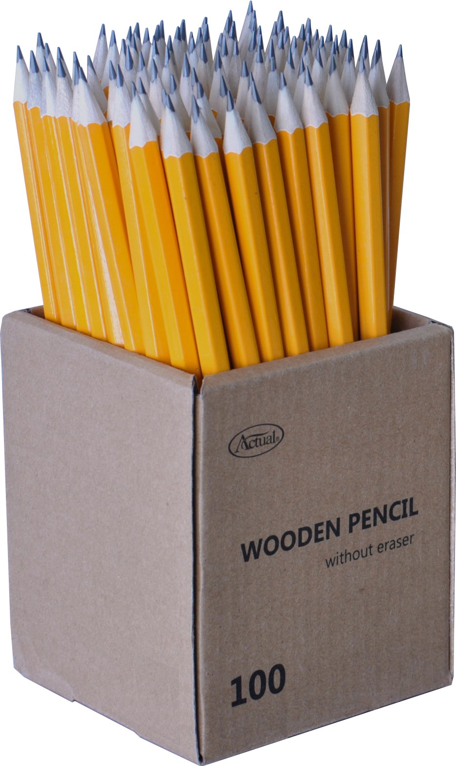 Gula blyertspennor i kartong med texten Wooden Pencil utan suddgummi