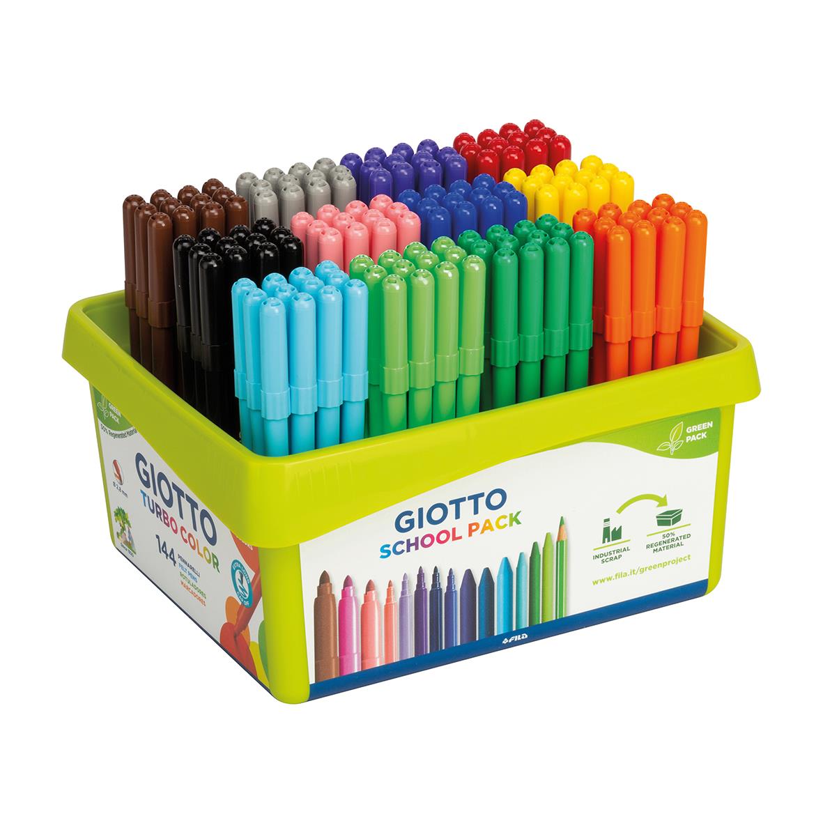 Tuschpennor Giotto Turbo i en grön plastlåda med olika färger
