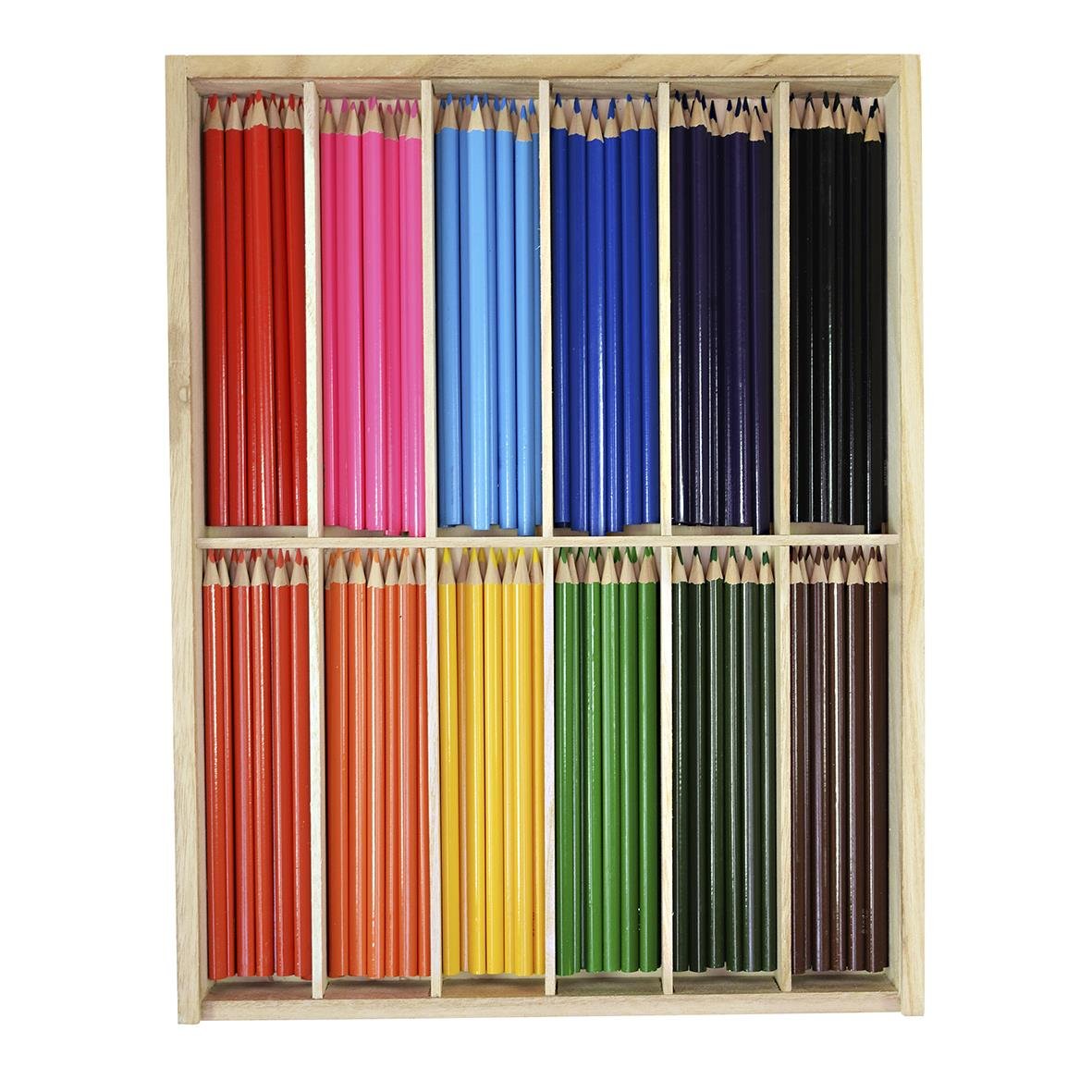 Färgpennor och blyertspennor i träask med 144 pennor i olika färger
