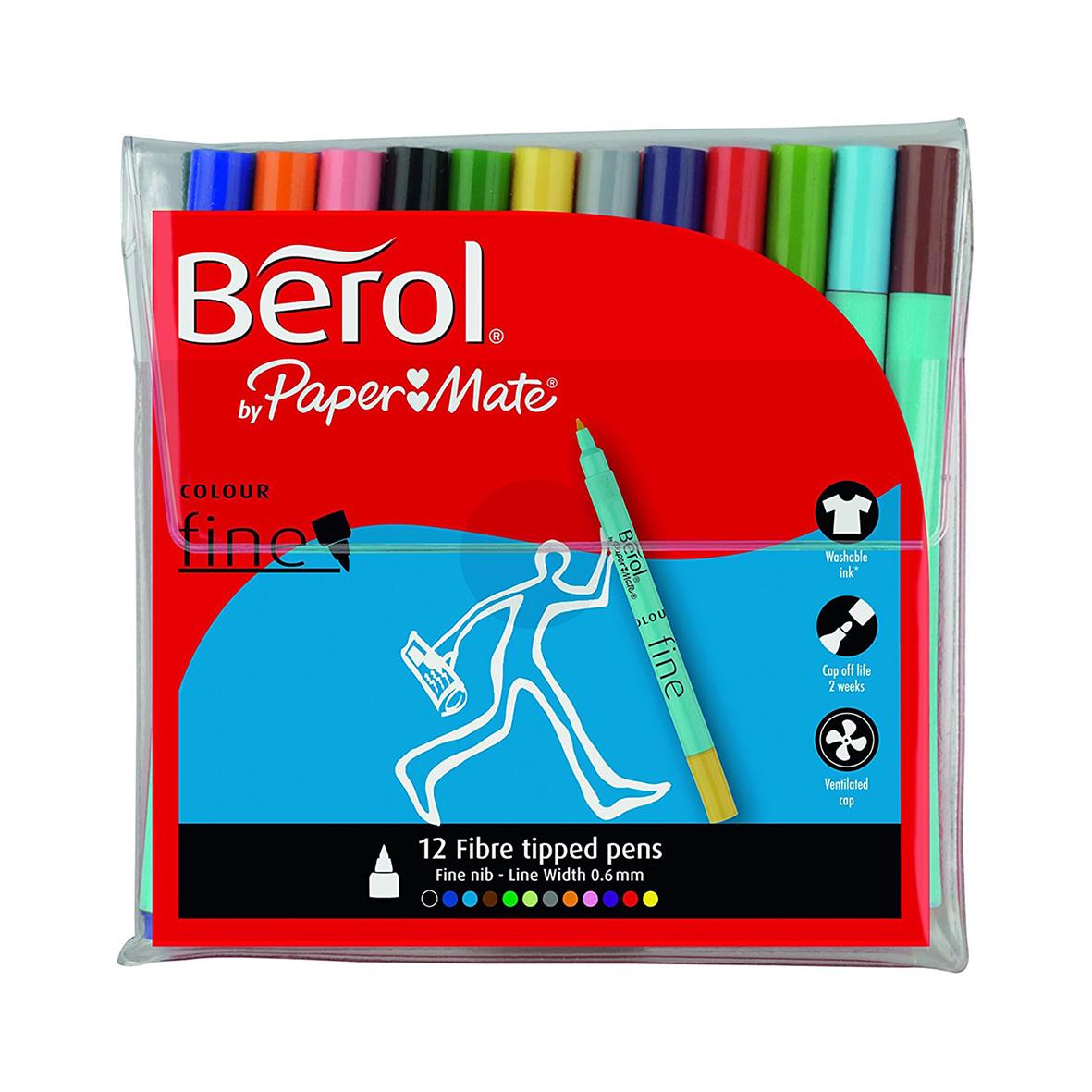 Set med 12 fibertuschpennor i blandade färger från Berol by Paper Mate