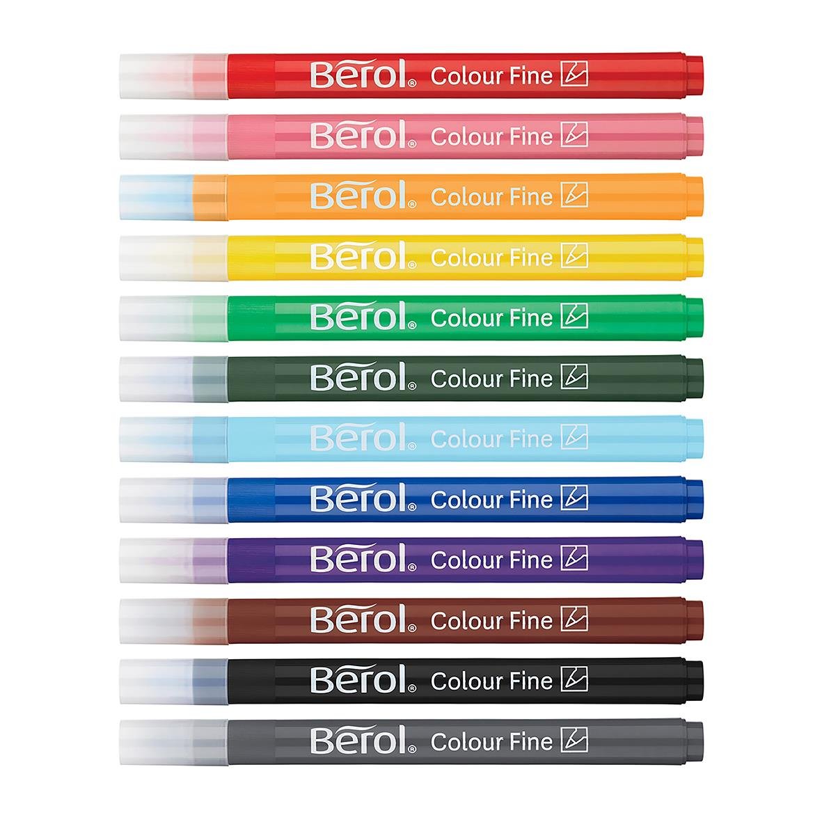 Tuschpennor i olika färger från Berol, inklusive rosa, orange, gul, grön, svart, blå, lila, brun, vit och grå