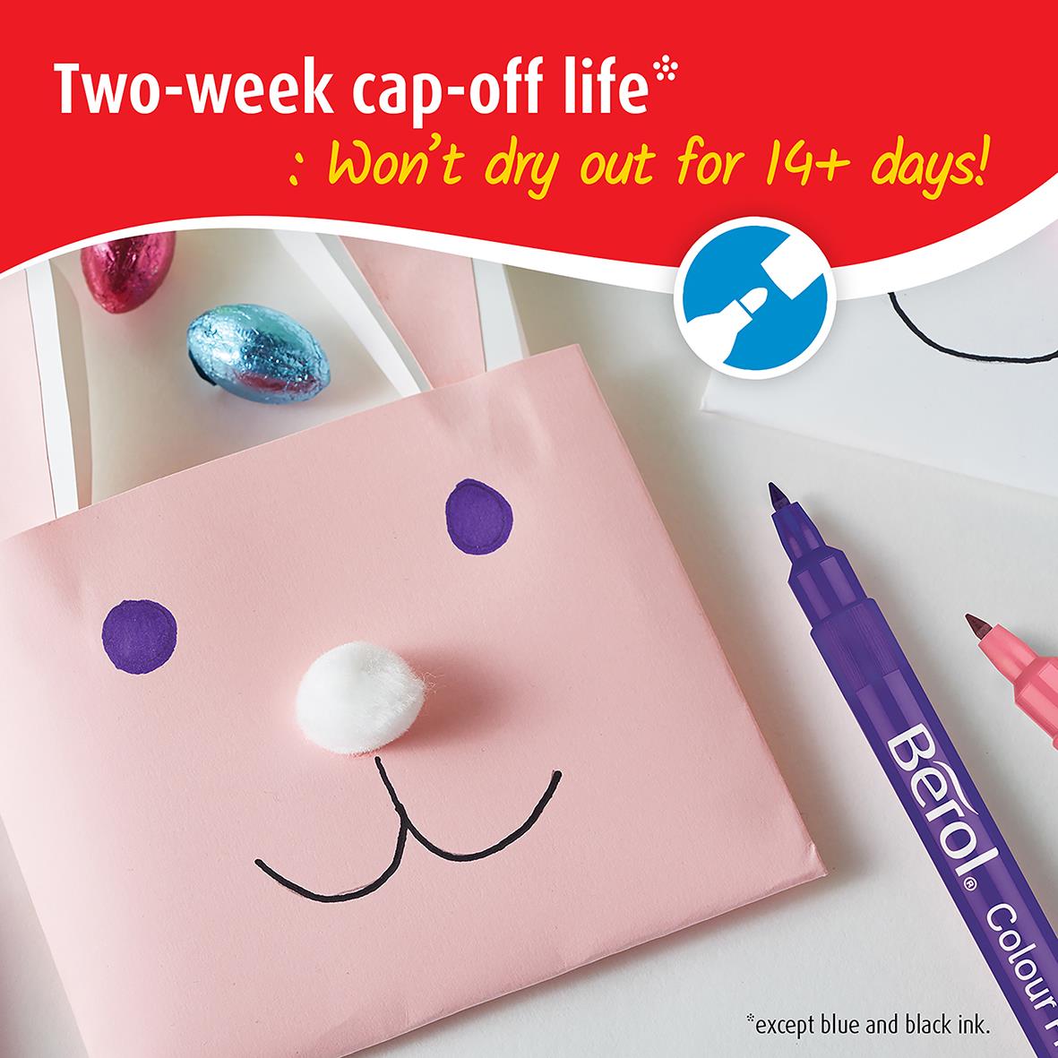 Barns konstnärsmaterial med teckning av ett kattansikte på rosa papper, pennor och glitter