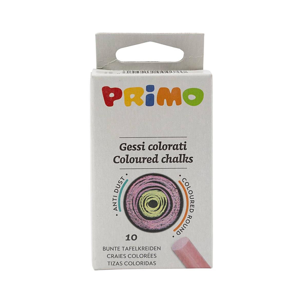 Tavelkrita Primo blandade färger i liten ask med färgade bokstäver på förpackningen