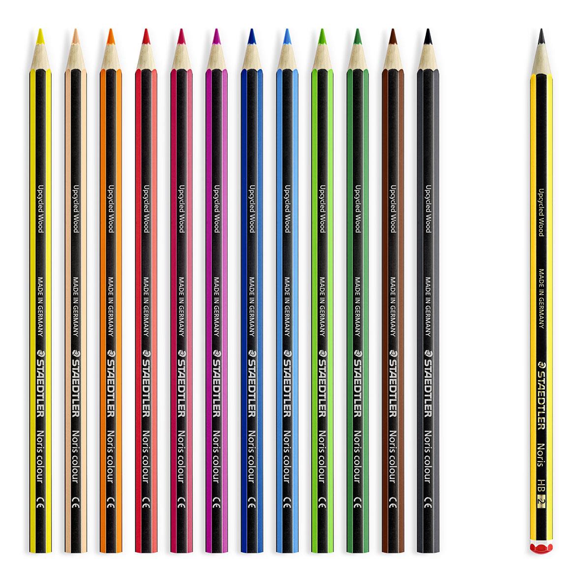 Färgpennor i set med 12 färger från Staedtler Noris 185, olika nyanser av rött, blått, grönt och svart