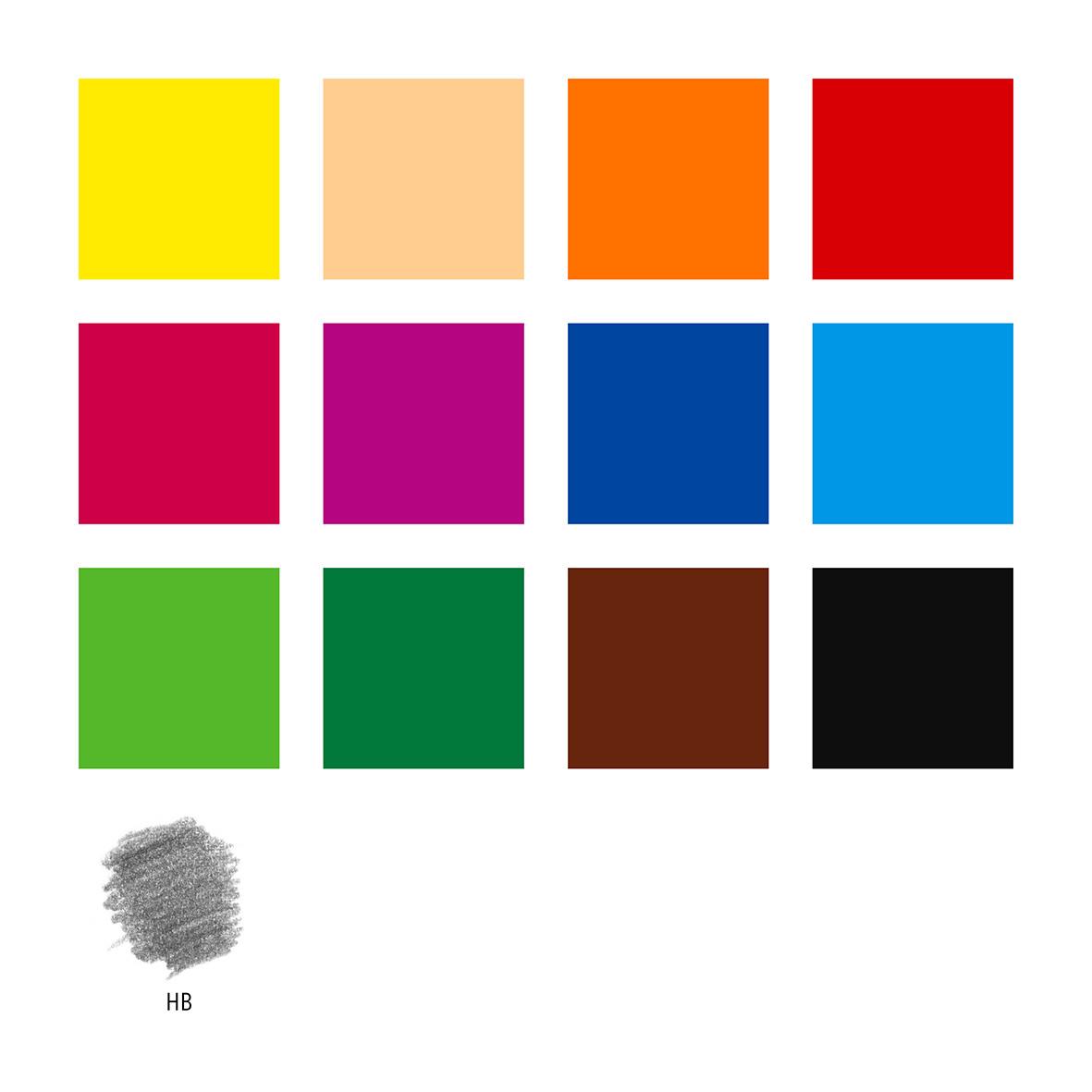 Färgpennor i 12 färger från Staedtler Noris 185, samt en blyertspenna och ett blyertsstreck