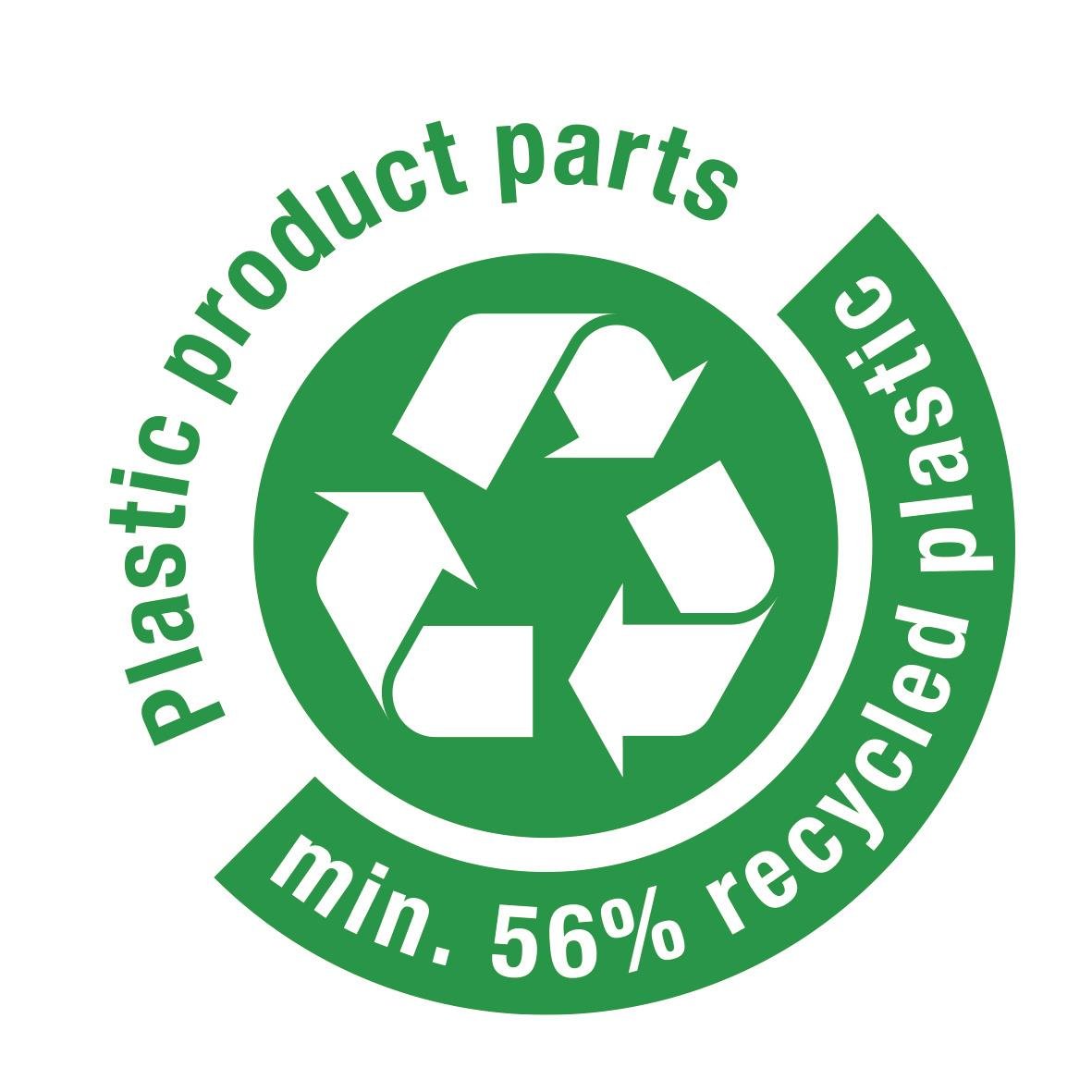 Recyclingmärke för plastprodukter med text min. 56% återvunnen plast