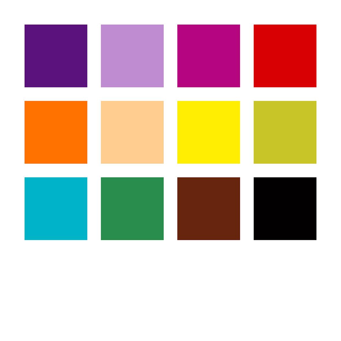 Färgpennor i olika färger inklusive lila, rosa, röd, orange, beige, gul, grön, brun och svart